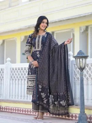 Cotton Printed Pakistani Black Kurta Dupatta Set With Lace Work