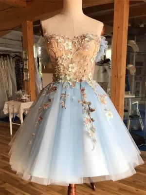 Short Blue Lace Floral Prom Dresses