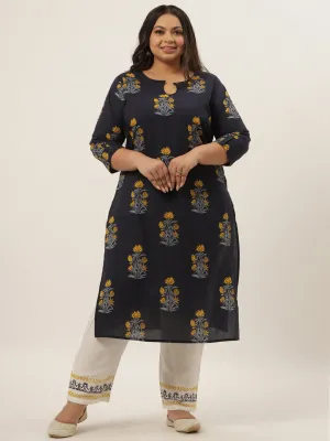 Women Navy Blue & Mustard Yellow Floral Printed Pure Cotton Kurta With Palazzos