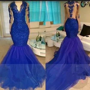 2025 Long Sleeve Royal Blue V-neck Tulle Mermaid Prom Dresses