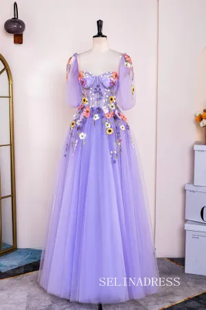 A-line Lavender Floral Long Prom Dresses Charming Evening Gowns SEW0851-P