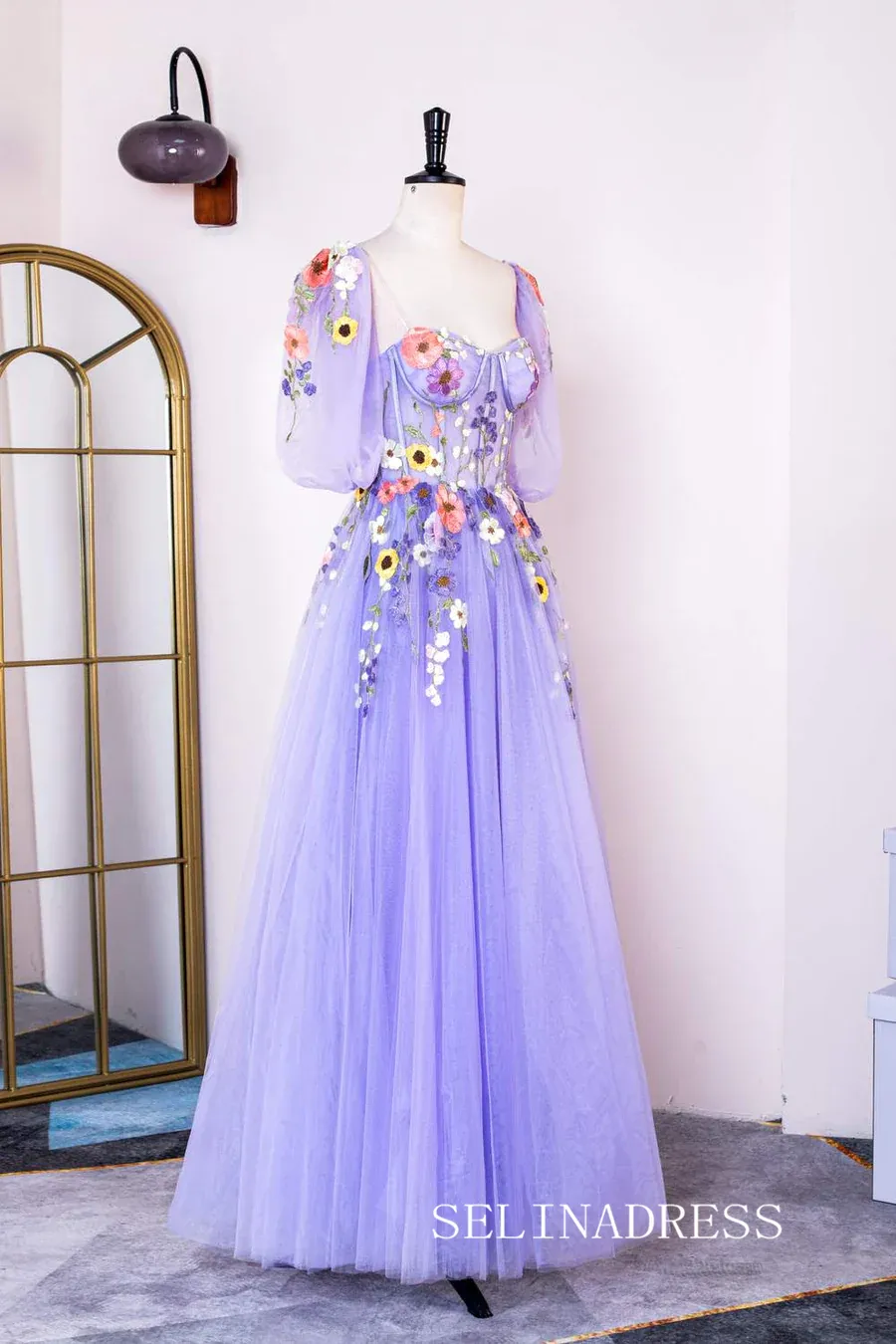 A-line Lavender Floral Long Prom Dresses Charming Evening Gowns SEW0851-P