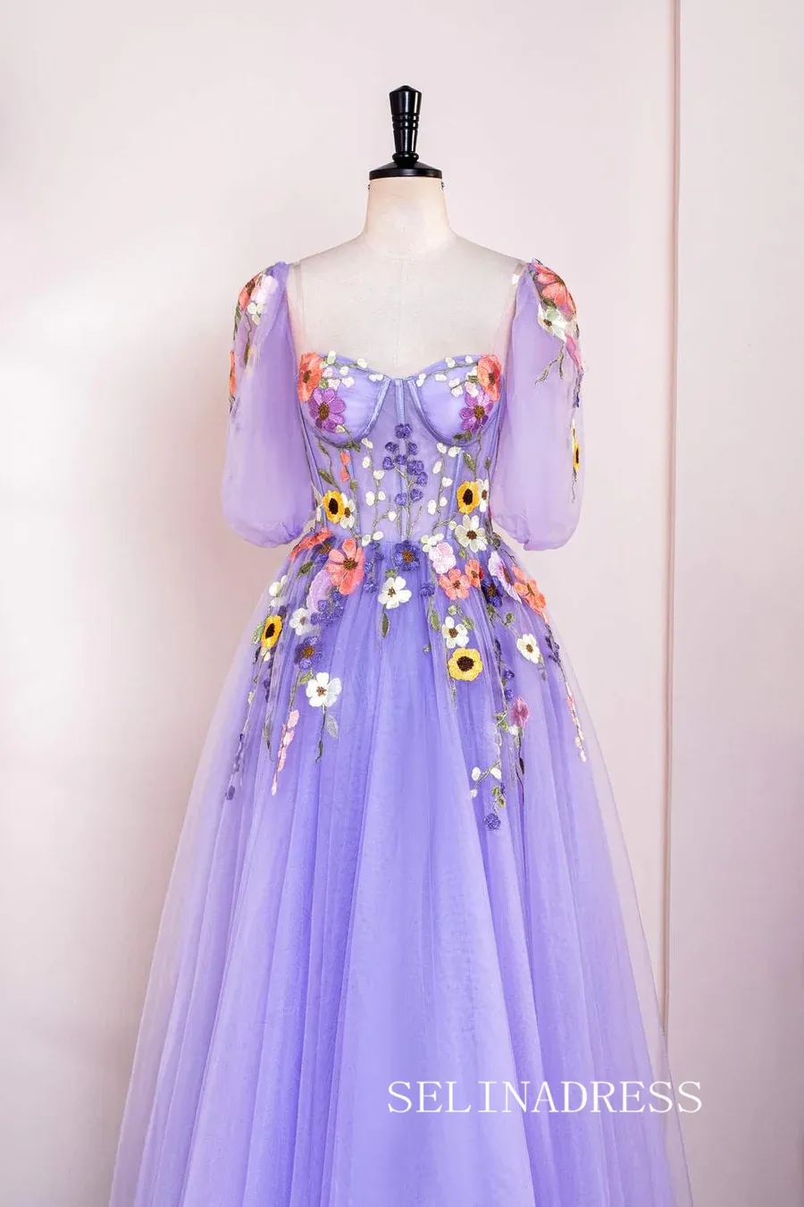 A-line Lavender Floral Long Prom Dresses Charming Evening Gowns SEW0851-P