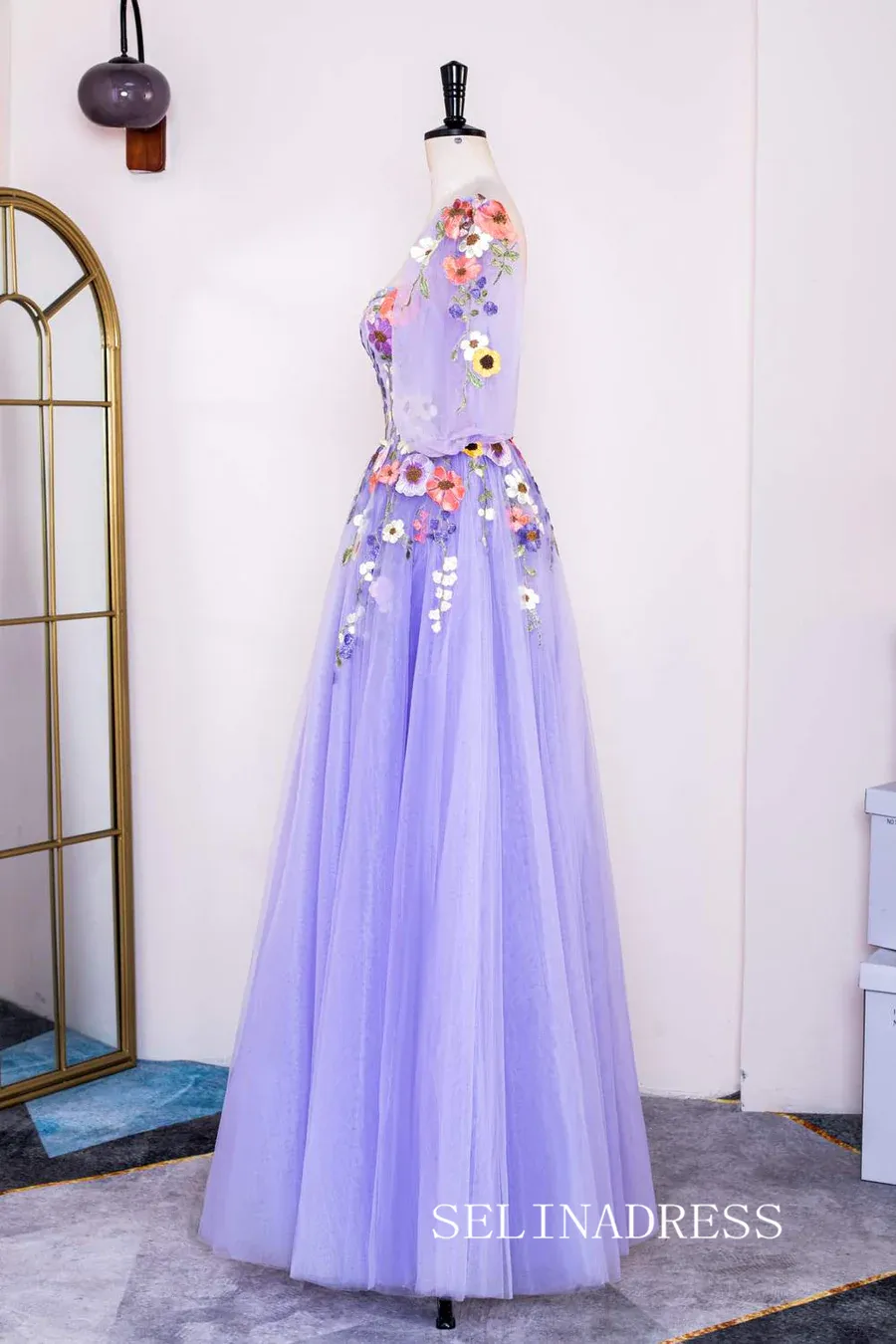 A-line Lavender Floral Long Prom Dresses Charming Evening Gowns SEW0851-P