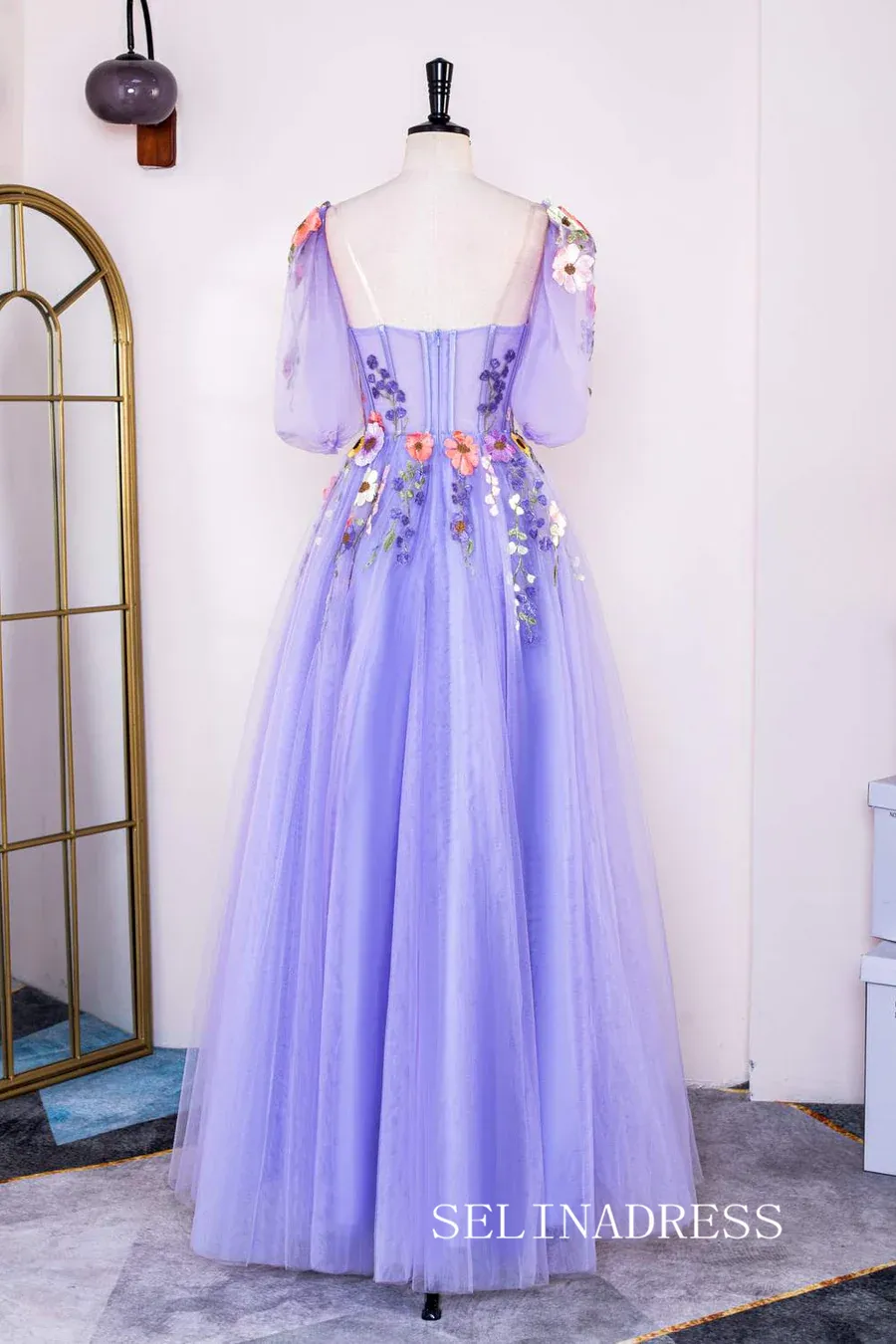 A-line Lavender Floral Long Prom Dresses Charming Evening Gowns SEW0851-P