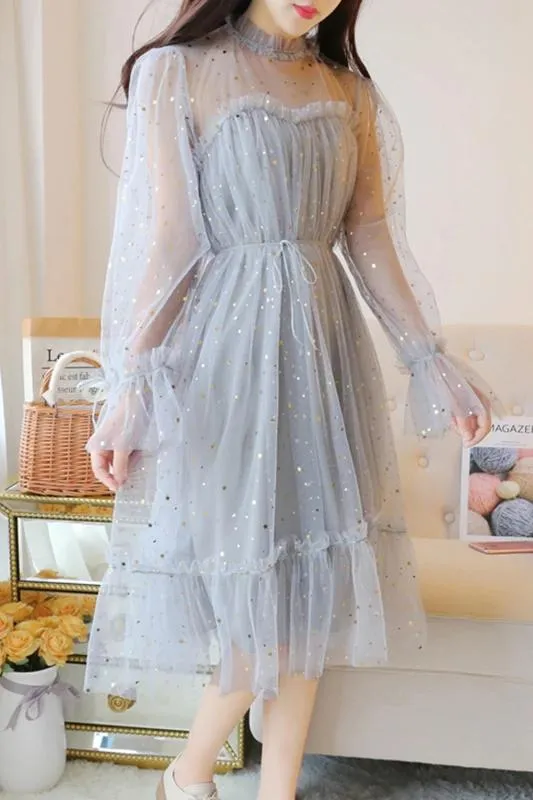 Blue Sparkly Star Long Sleeves Tulle Homecoming Dresses, Charming Short Prom Dress UQ2004