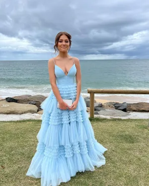 Charming A Line V Neck Light Blue Tulle Long Prom Dresses Formal Gown