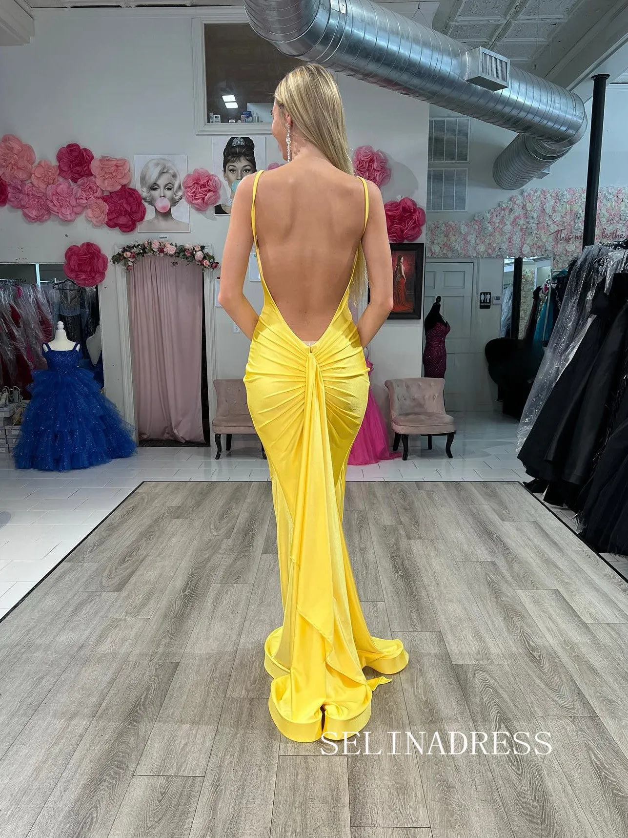 Chic Yellow Mermaid Long Prom Dresses Open BacklessEvening Dress #TKL207