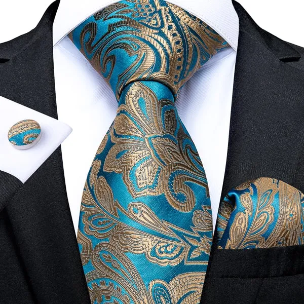 Classy Men Turquoise Gold Paisley Silk Tie