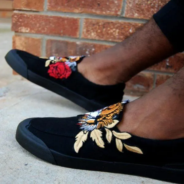 Custom Embroidered Smooth Black Tiger Rose Bani Brand Canvas Slip On Sneakers