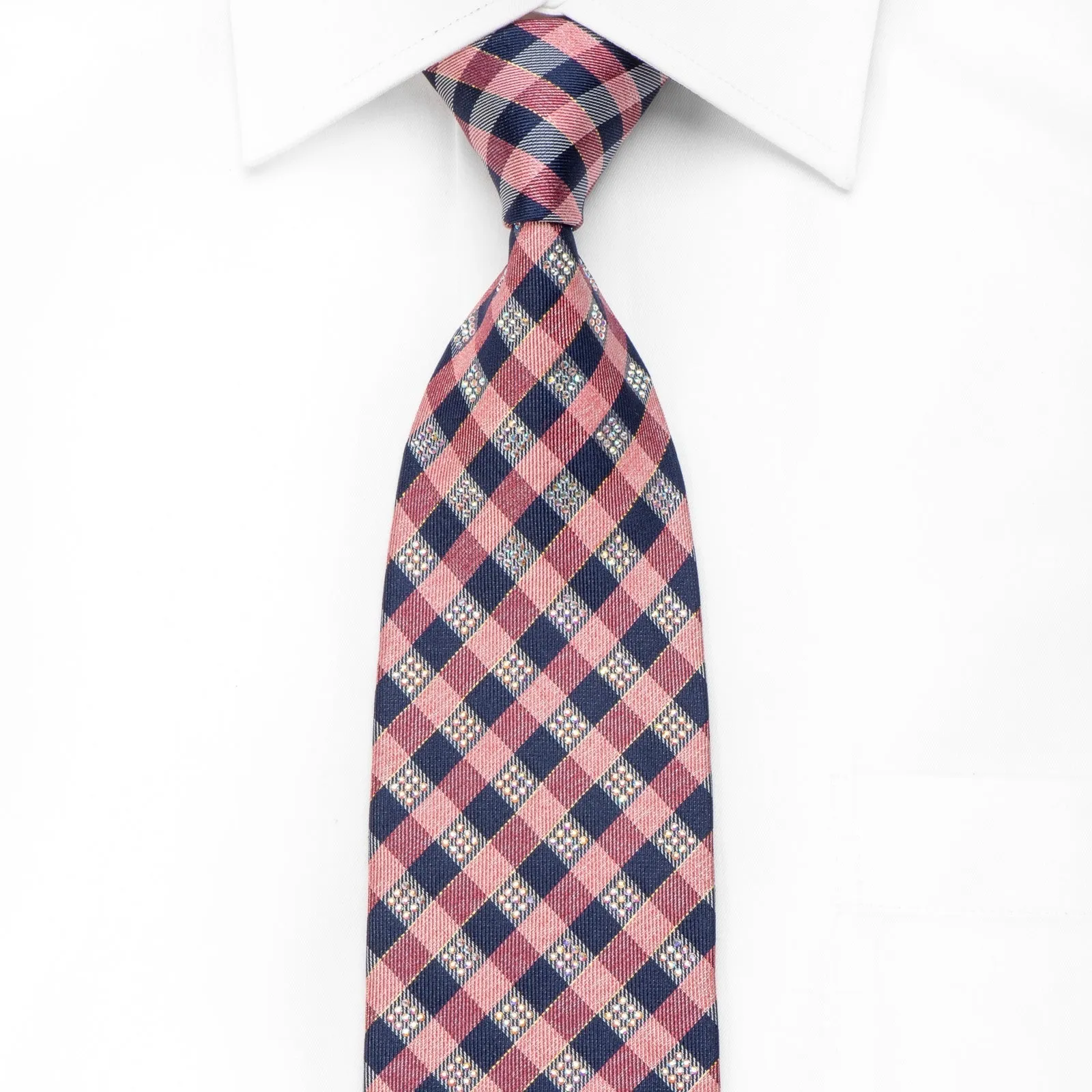 Daks Men's Crystal Silk Tie Blue Pink Plaid With Silver Sparkles