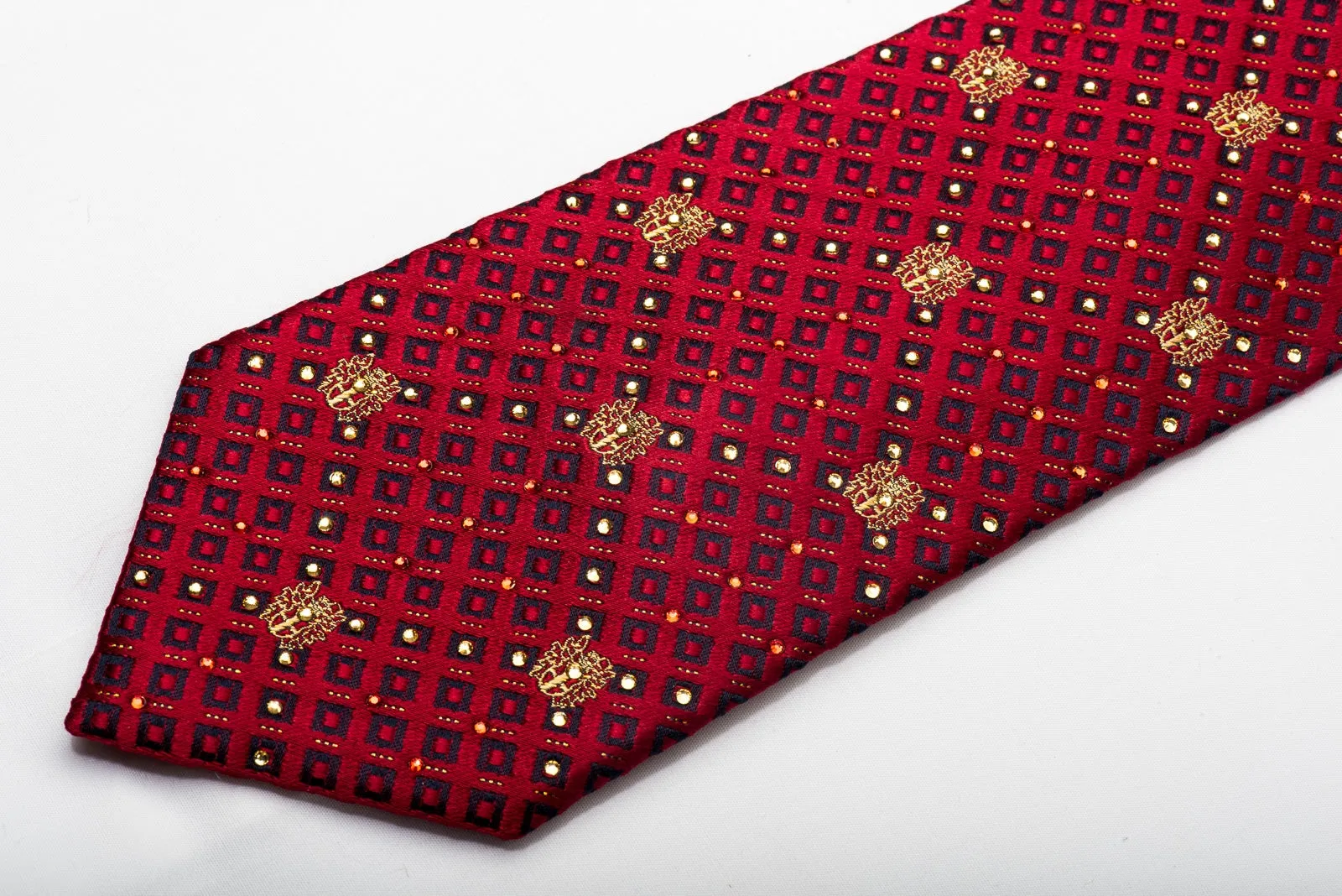 Daks Men's Silk Tie Checkered On Burgundy Sparkling With Rhienstones