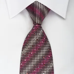 Daniel Hechter Silk Rhinestone Tie Silver Pink Black Checkered Striped With Pink Sparkles