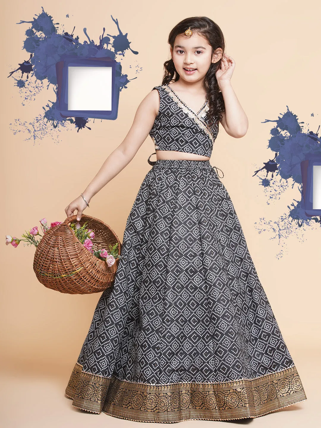 Girls Bandhani Printed Ready to Wear Cotton Choli With Lehenga