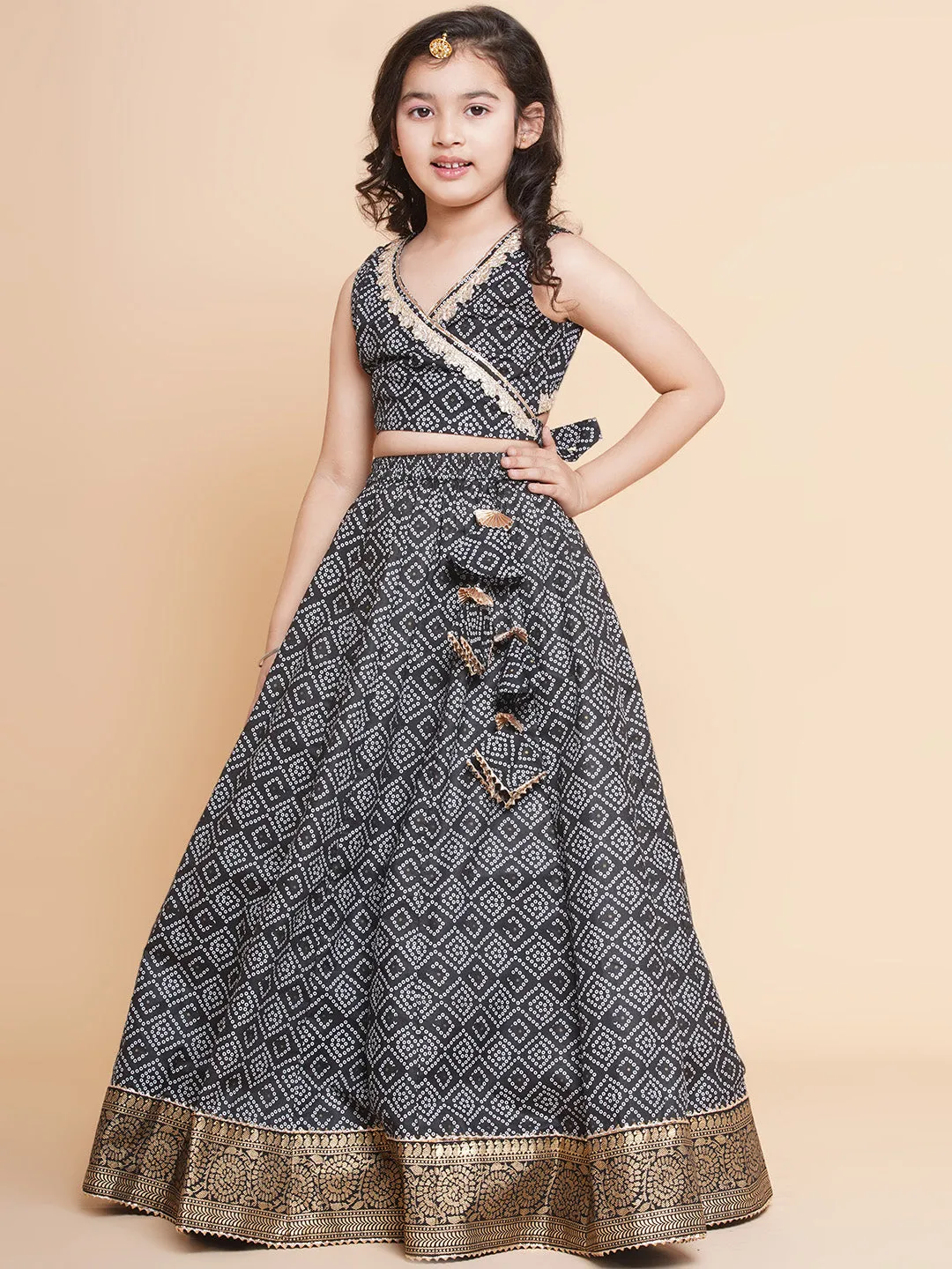 Girls Bandhani Printed Ready to Wear Cotton Choli With Lehenga