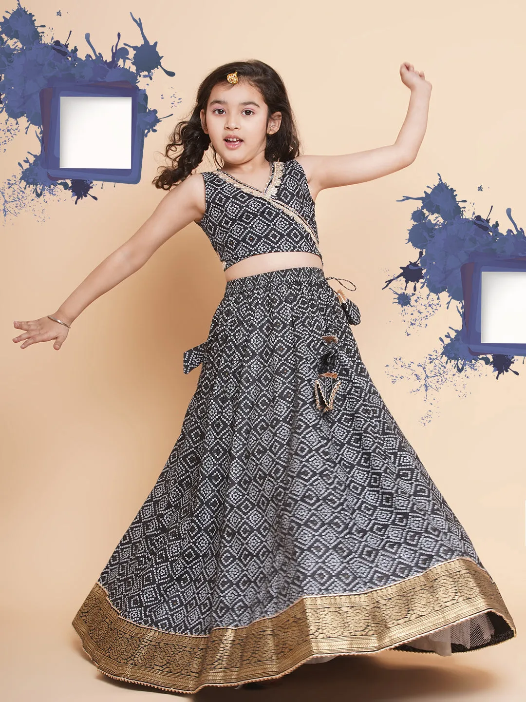 Girls Bandhani Printed Ready to Wear Cotton Choli With Lehenga