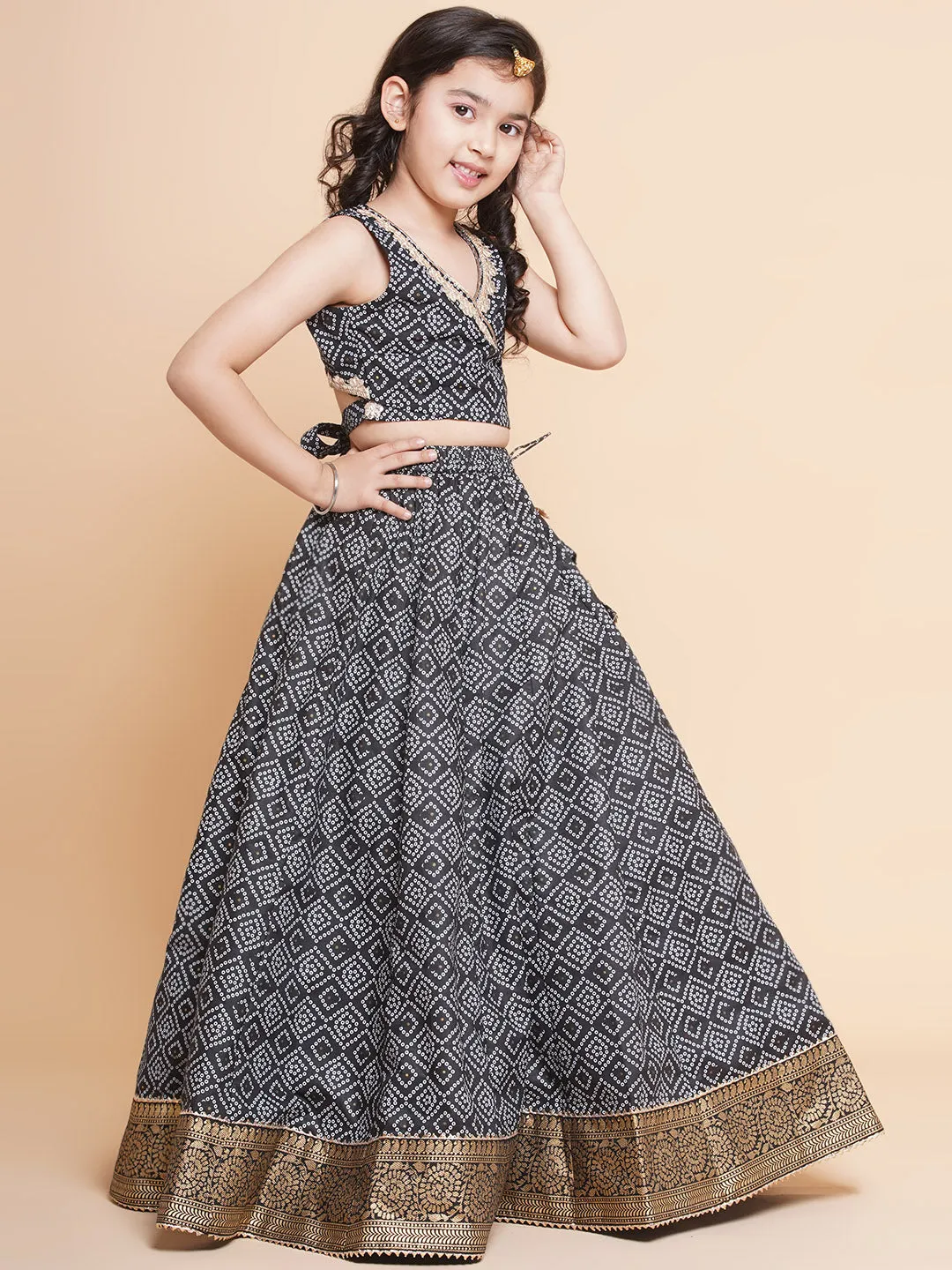 Girls Bandhani Printed Ready to Wear Cotton Choli With Lehenga