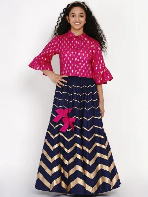 Girls Pink & Navy Blue Printed Block Print Ready To Wear Lehenga