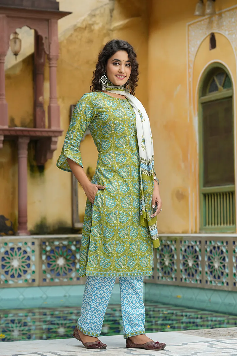 Green Pure Cotton Straight Suit Set