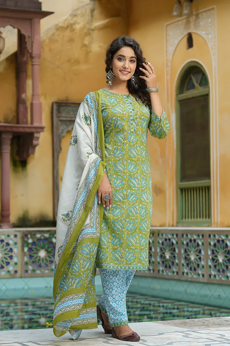 Green Pure Cotton Straight Suit Set