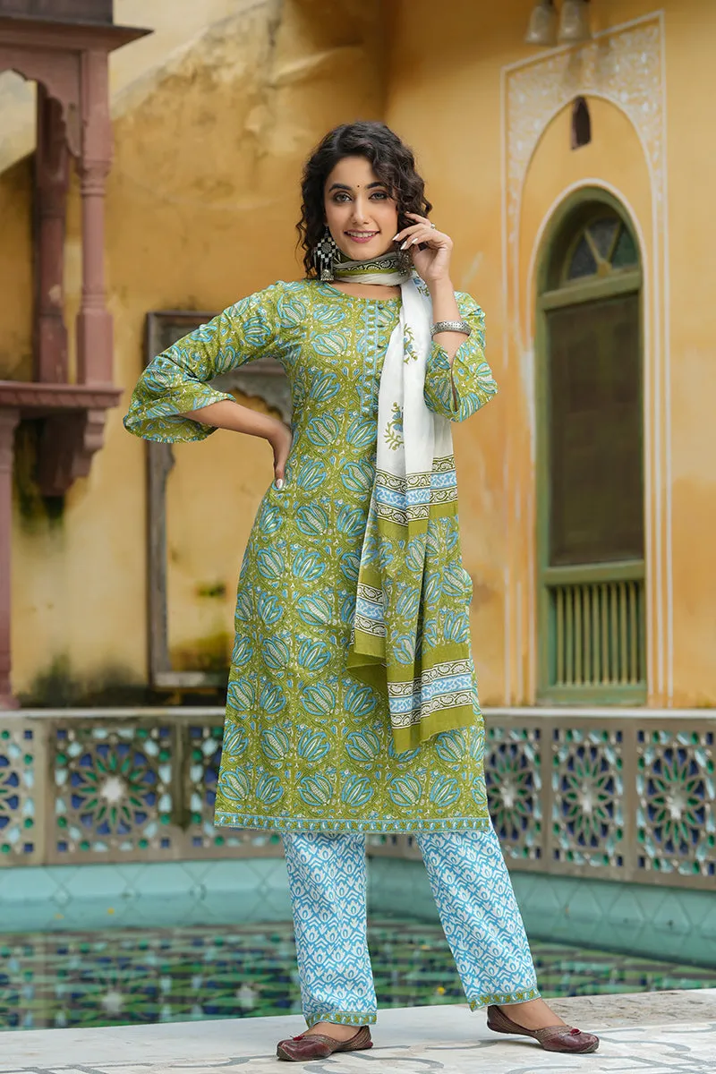 Green Pure Cotton Straight Suit Set