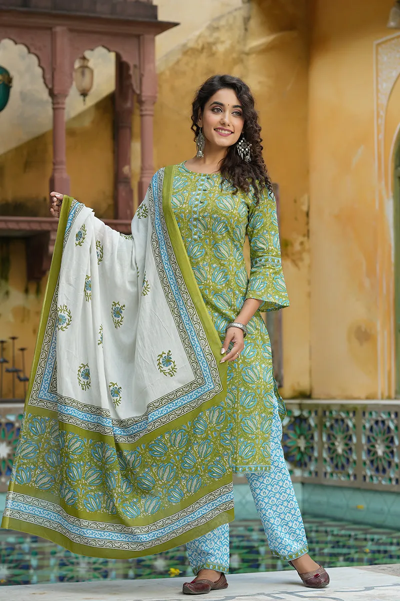 Green Pure Cotton Straight Suit Set