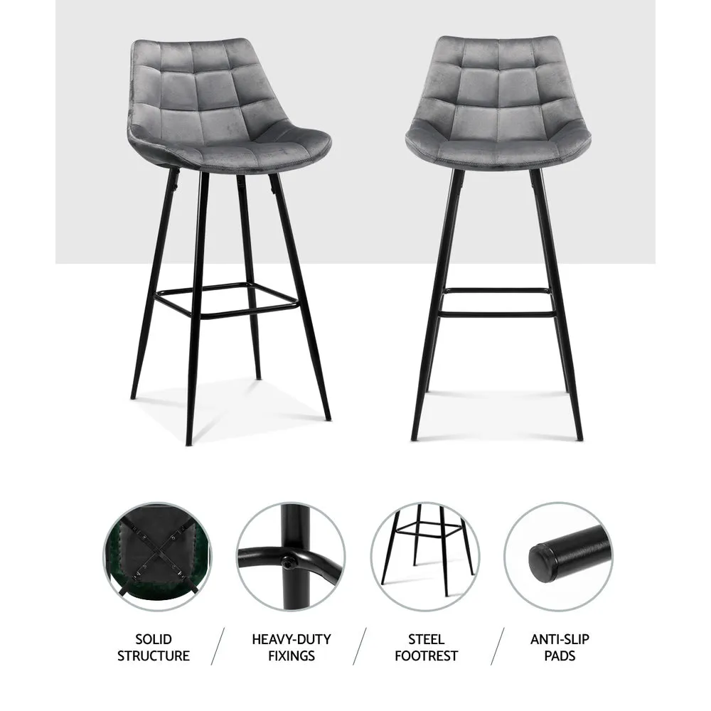 Grey Velvet Bar Stools with Backrest & Footrest - 2x Artiss