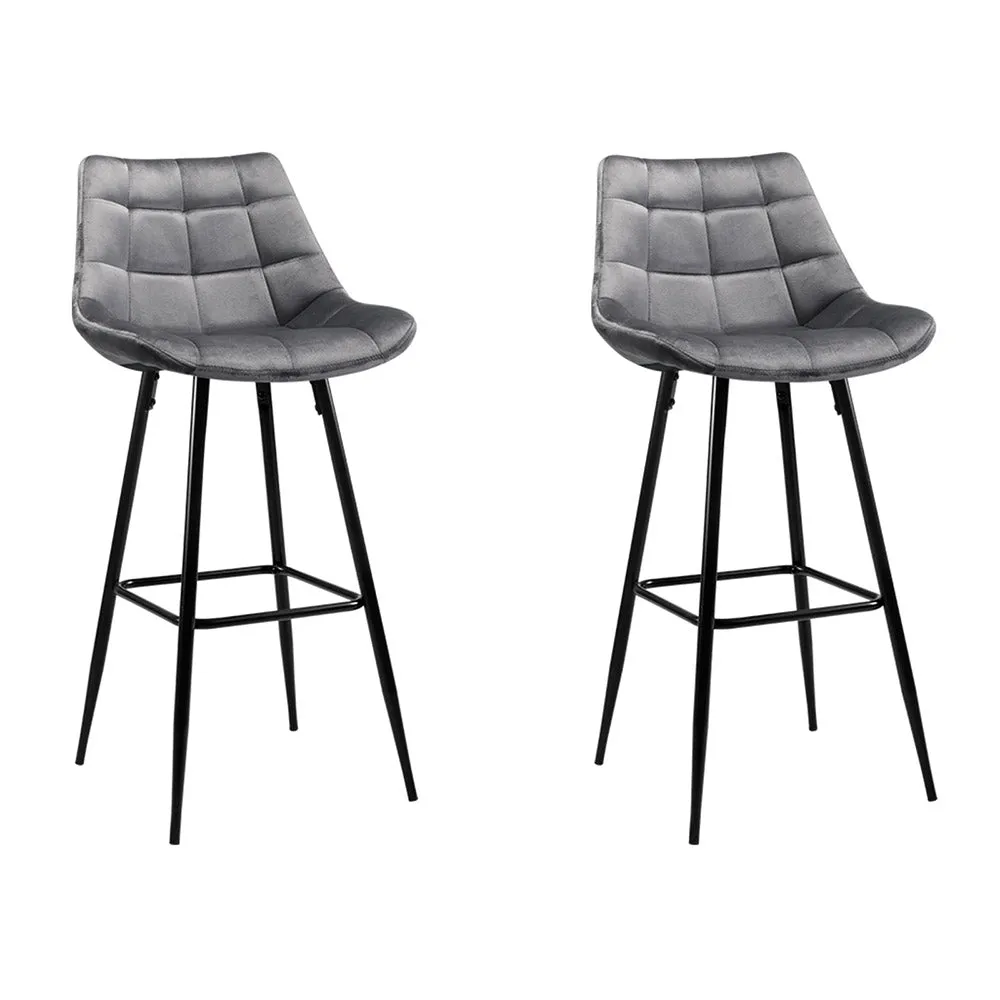 Grey Velvet Bar Stools with Backrest & Footrest - 2x Artiss