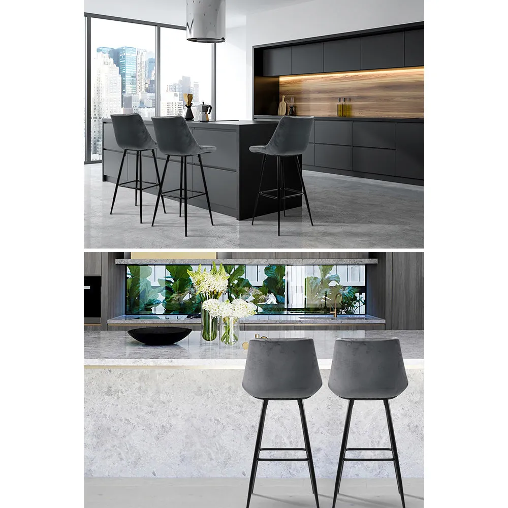 Grey Velvet Bar Stools with Backrest & Footrest - 2x Artiss