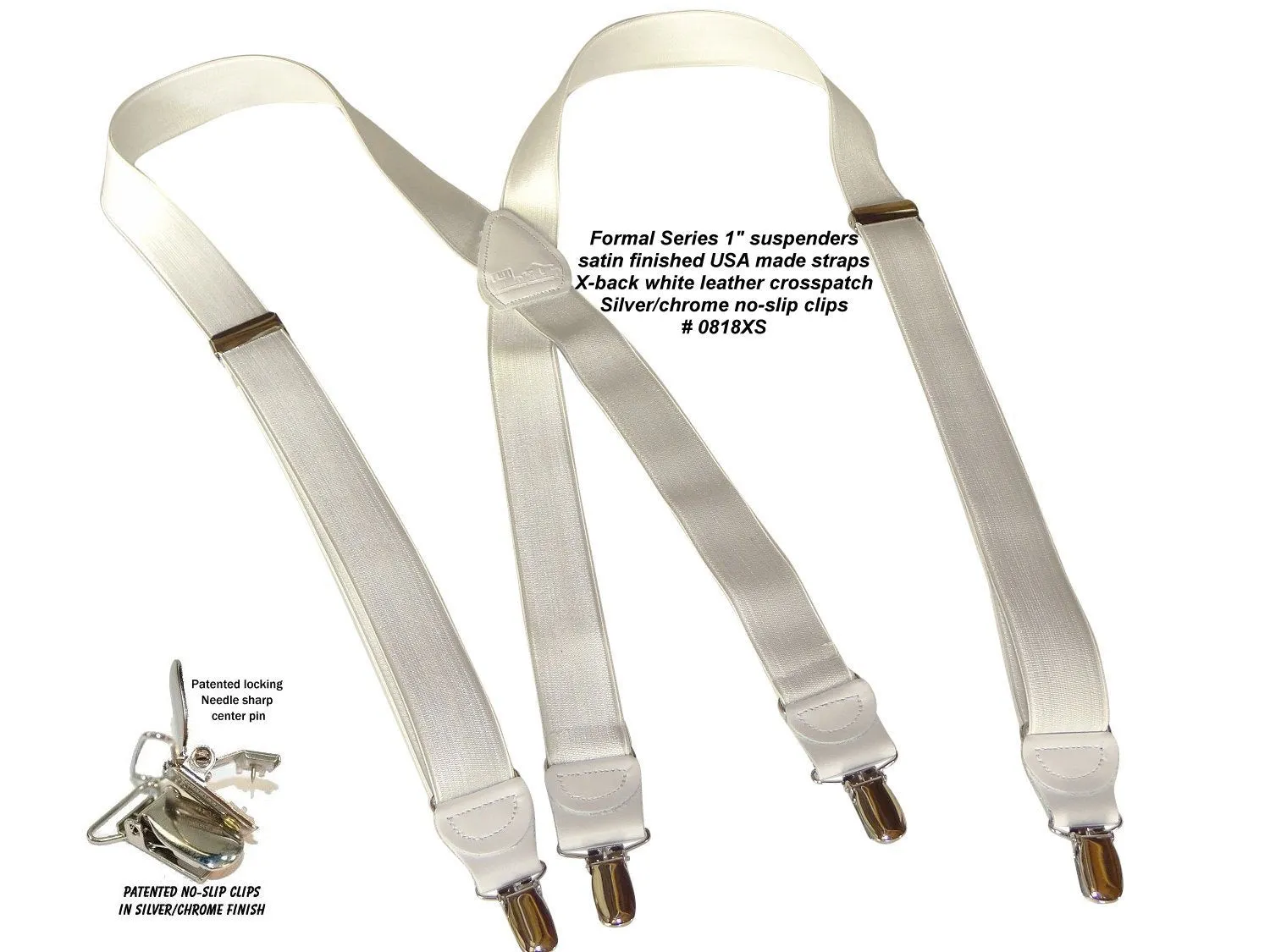 Hold-Ups X-back 1" wide Formal Satin Finish White Suspenders with USA Patented No-slip Silver Clips