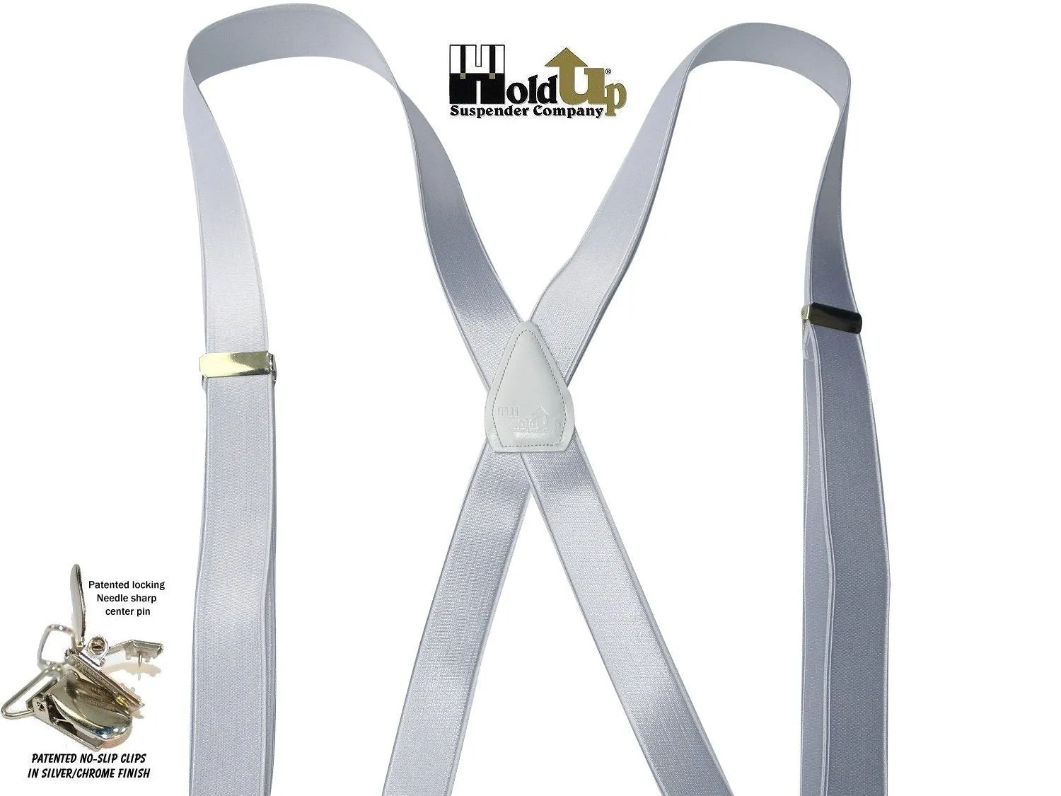 Hold-Ups X-back 1" wide Formal Satin Finish White Suspenders with USA Patented No-slip Silver Clips