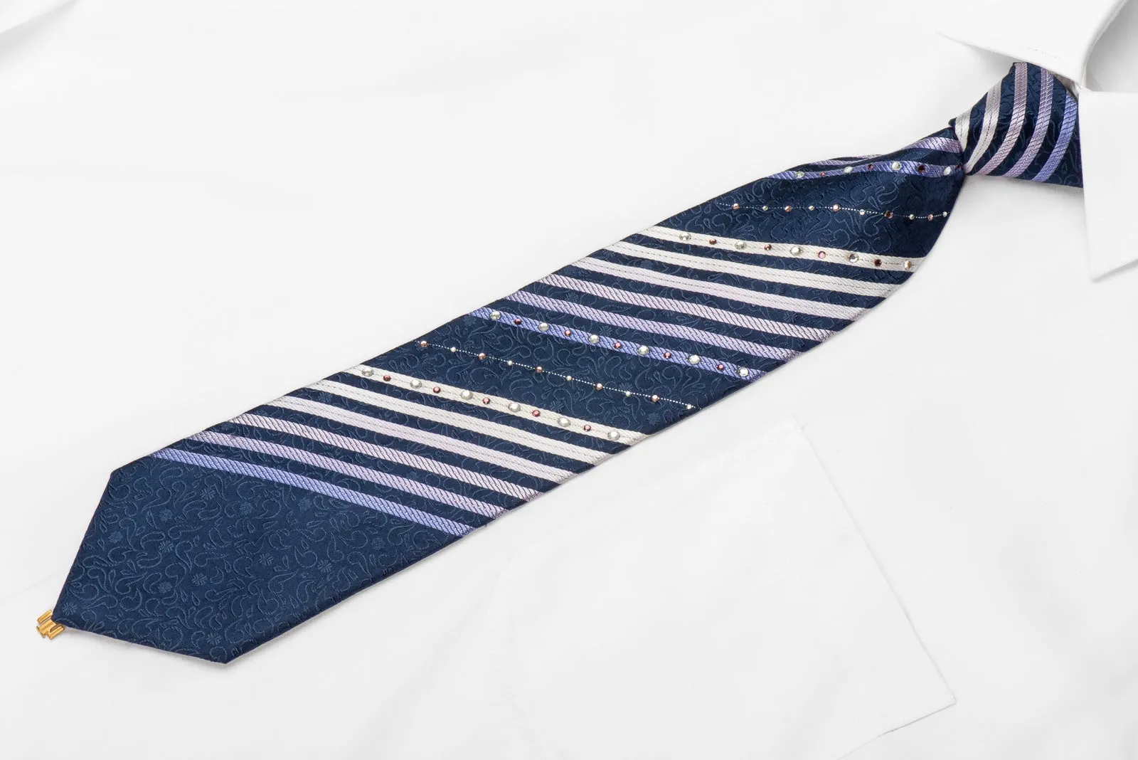 Indian Homme Men's Crystal Silk Necktie Silver Purple Striped On Navy With Silver Sparkles