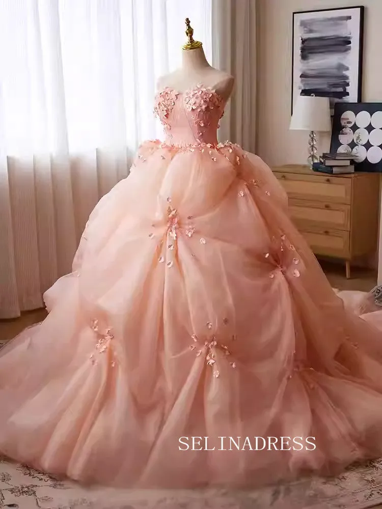 Lovely Pink Strapless Ball Gown Princess Dress Elegant Applique Flower Formal Dress JKL2589