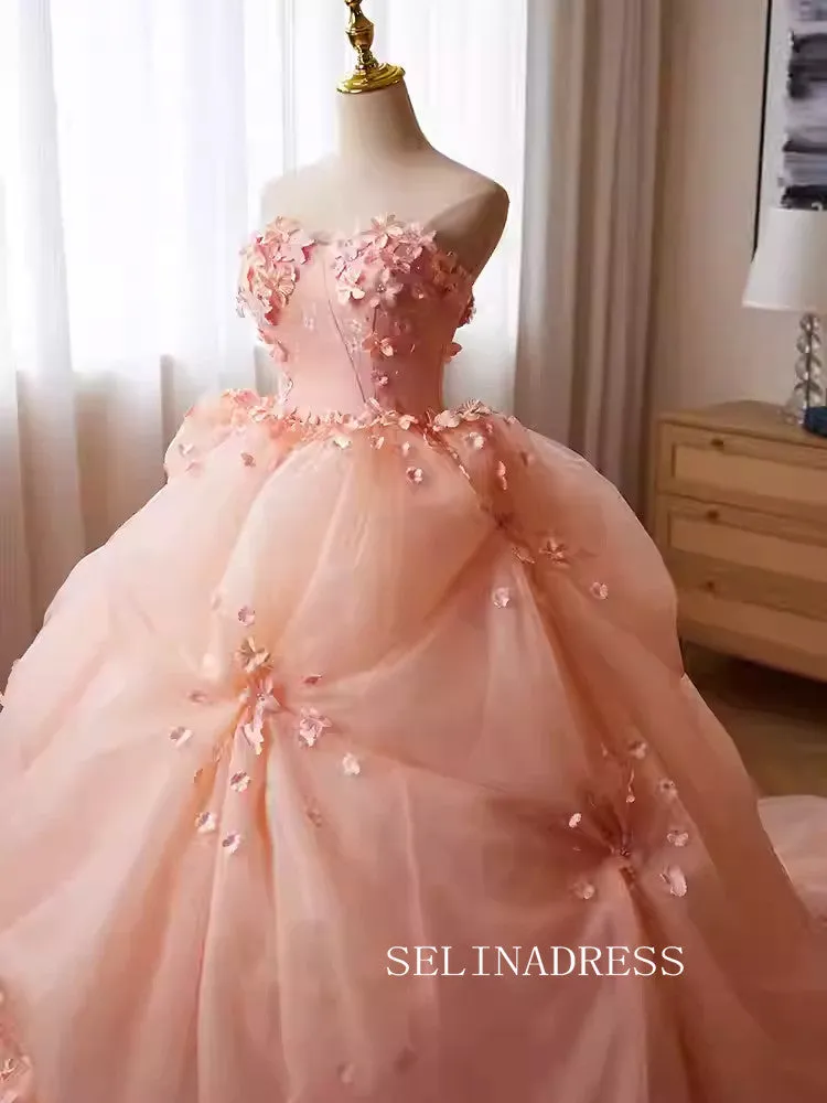 Lovely Pink Strapless Ball Gown Princess Dress Elegant Applique Flower Formal Dress JKL2589