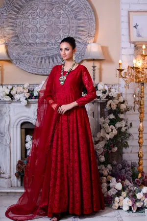 Maroon Embellished Chantilly Lace Frock (Mushaq)