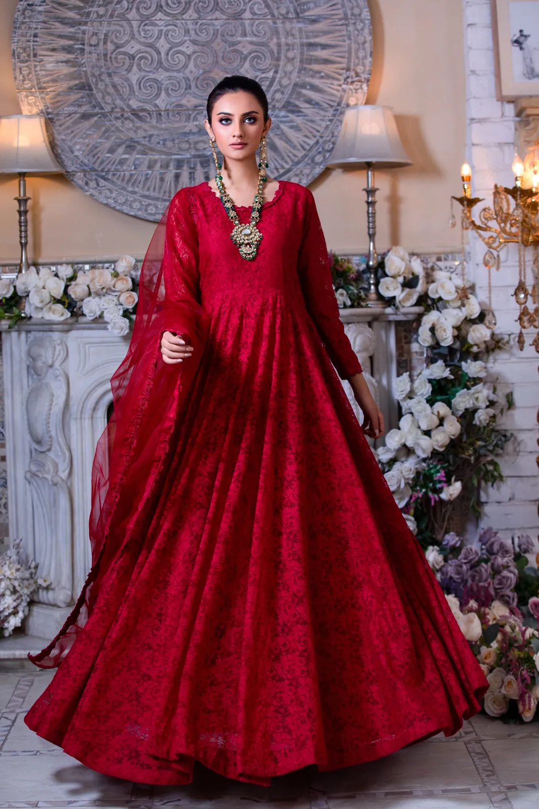 Maroon Embellished Chantilly Lace Frock (Mushaq)