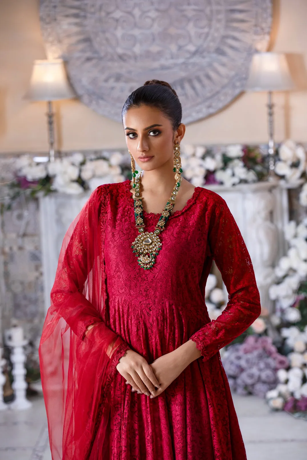 Maroon Embellished Chantilly Lace Frock (Mushaq)