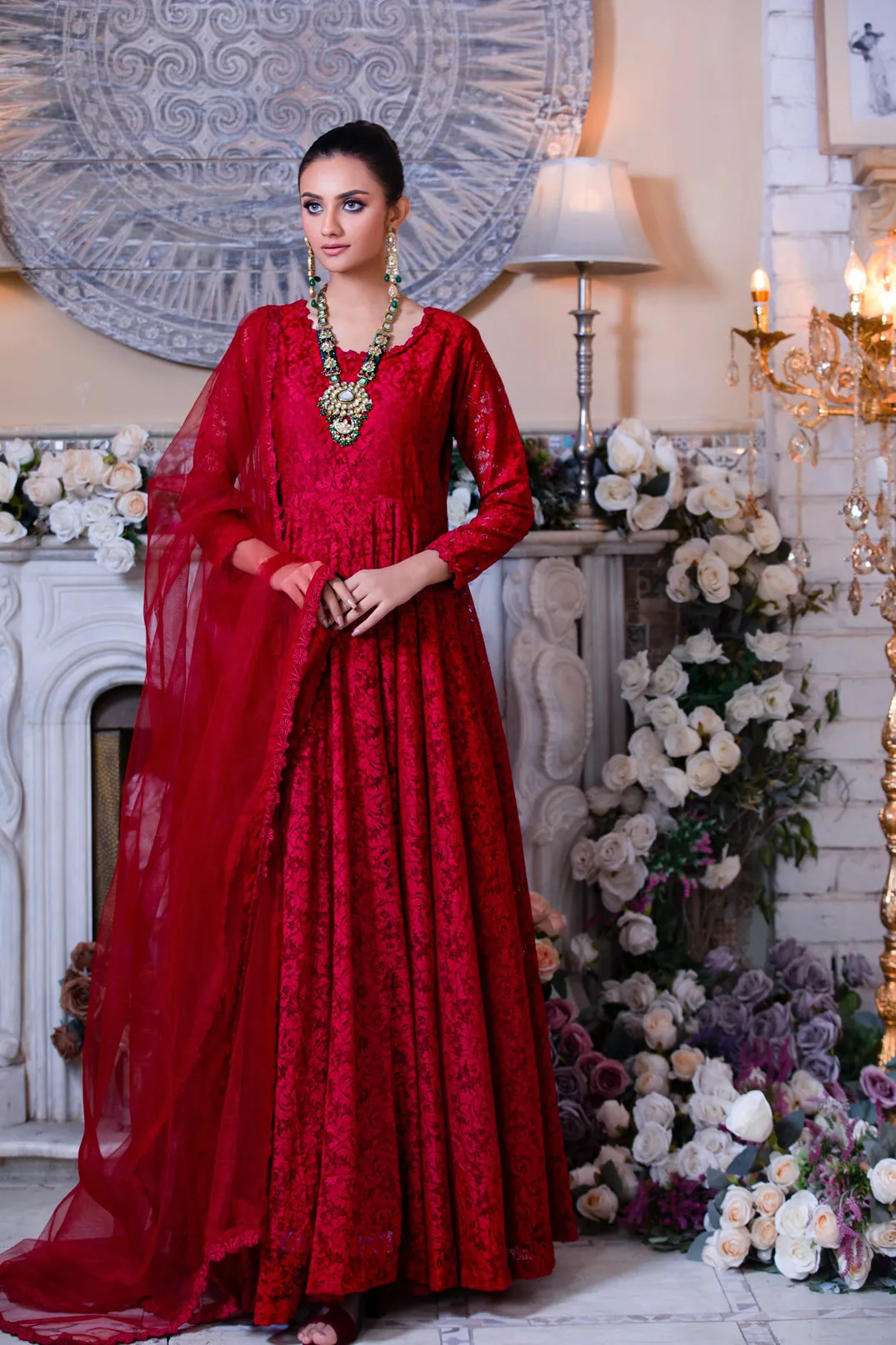 Maroon Embellished Chantilly Lace Frock (Mushaq)