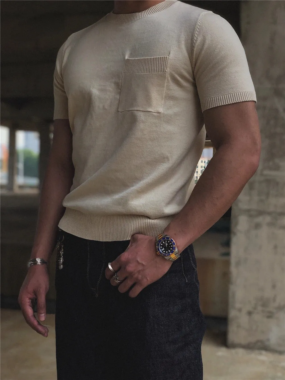 Men's Knit T-shirt O-neck Short Sleeves Cotton Tees