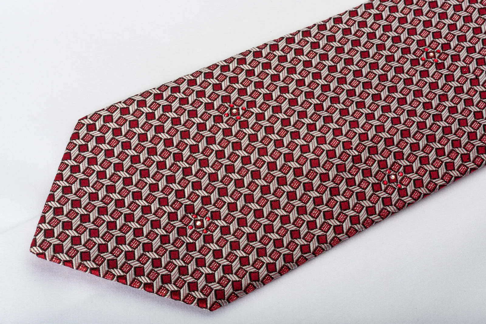 Metro City Rhinestone Silk Necktie Silver Trellis On Burgundy With Silver Sparkles