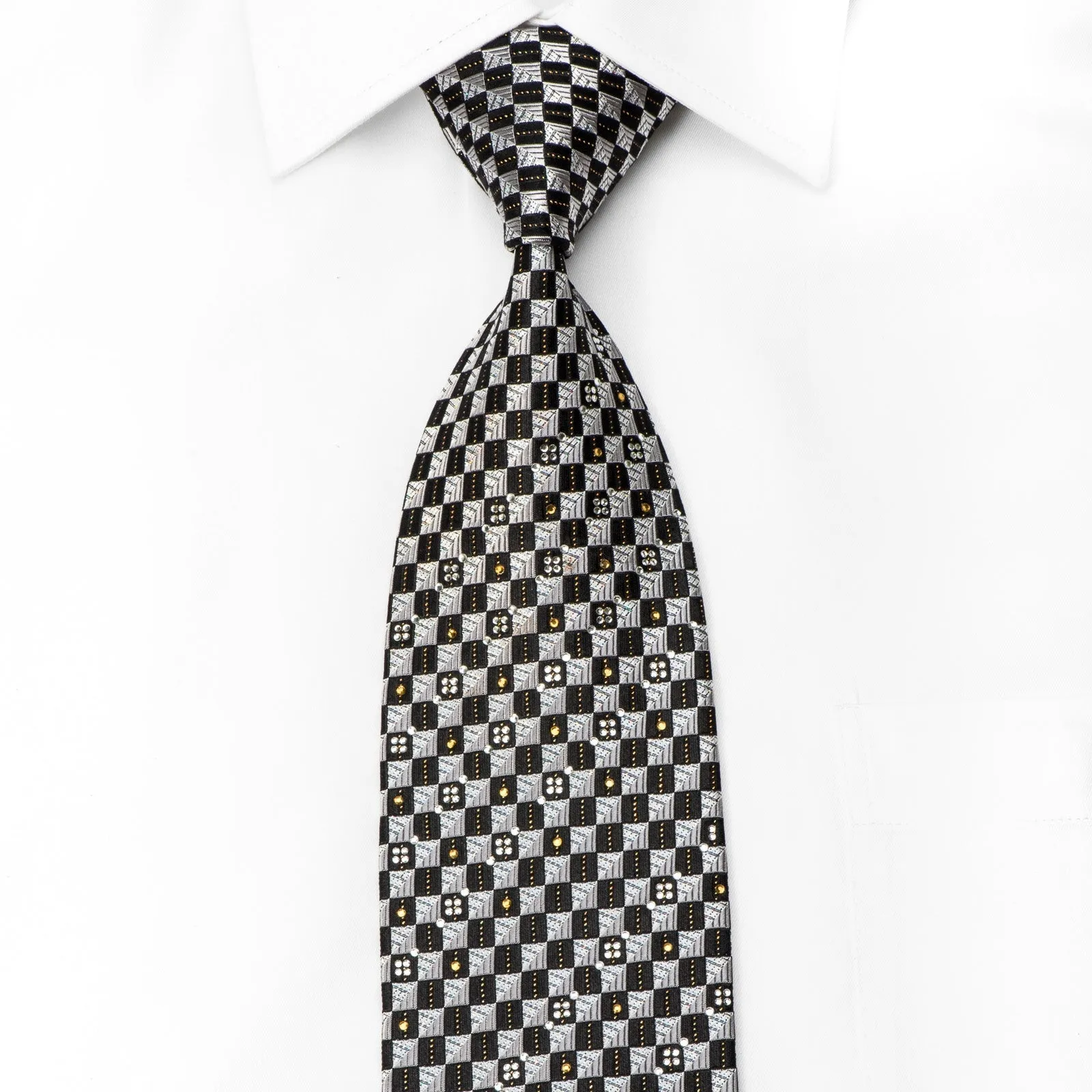 Nicole St Giles Men's Crystal Silk Tie Silver Black Checkered With Gold Sparkles