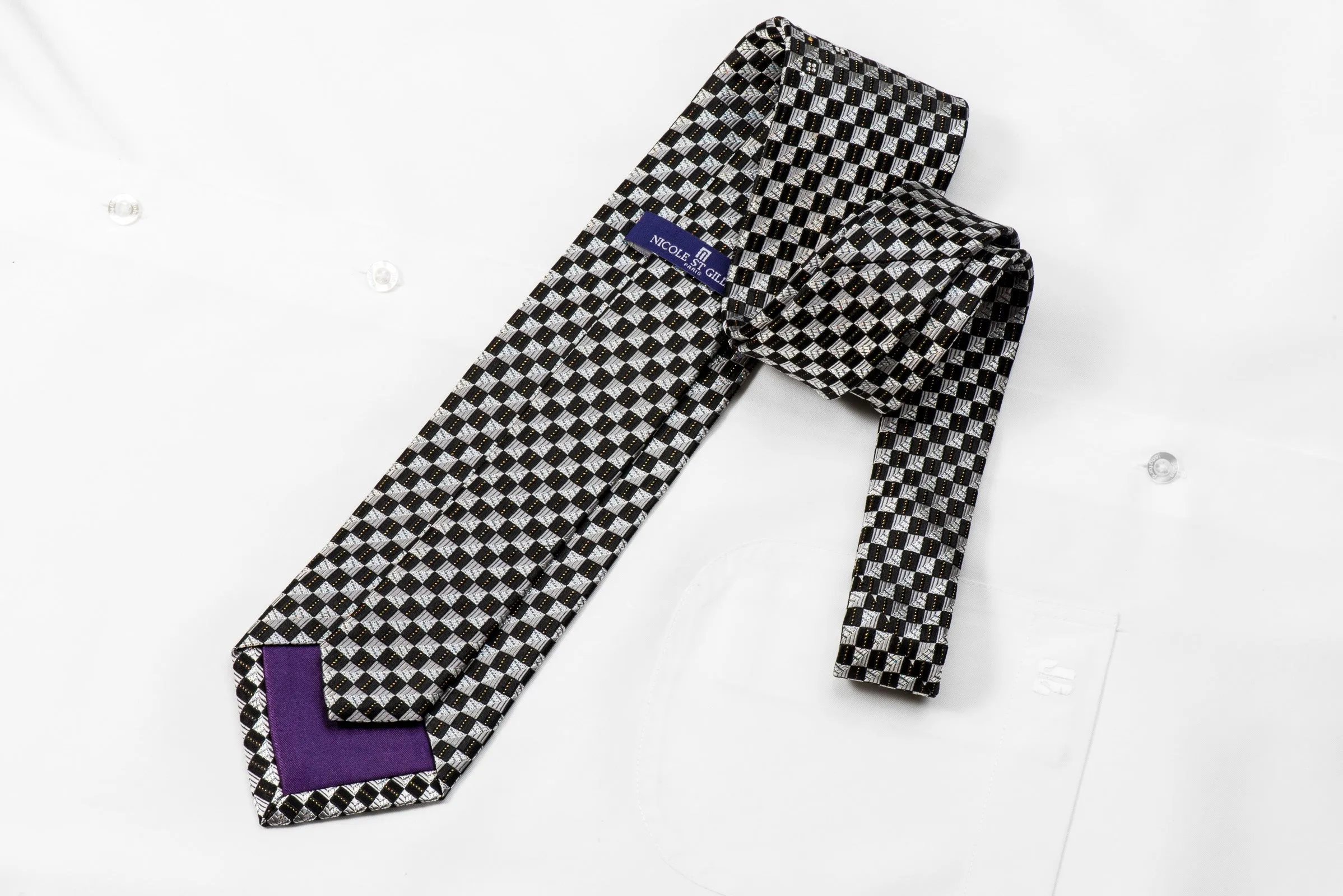 Nicole St Giles Men's Crystal Silk Tie Silver Black Checkered With Gold Sparkles