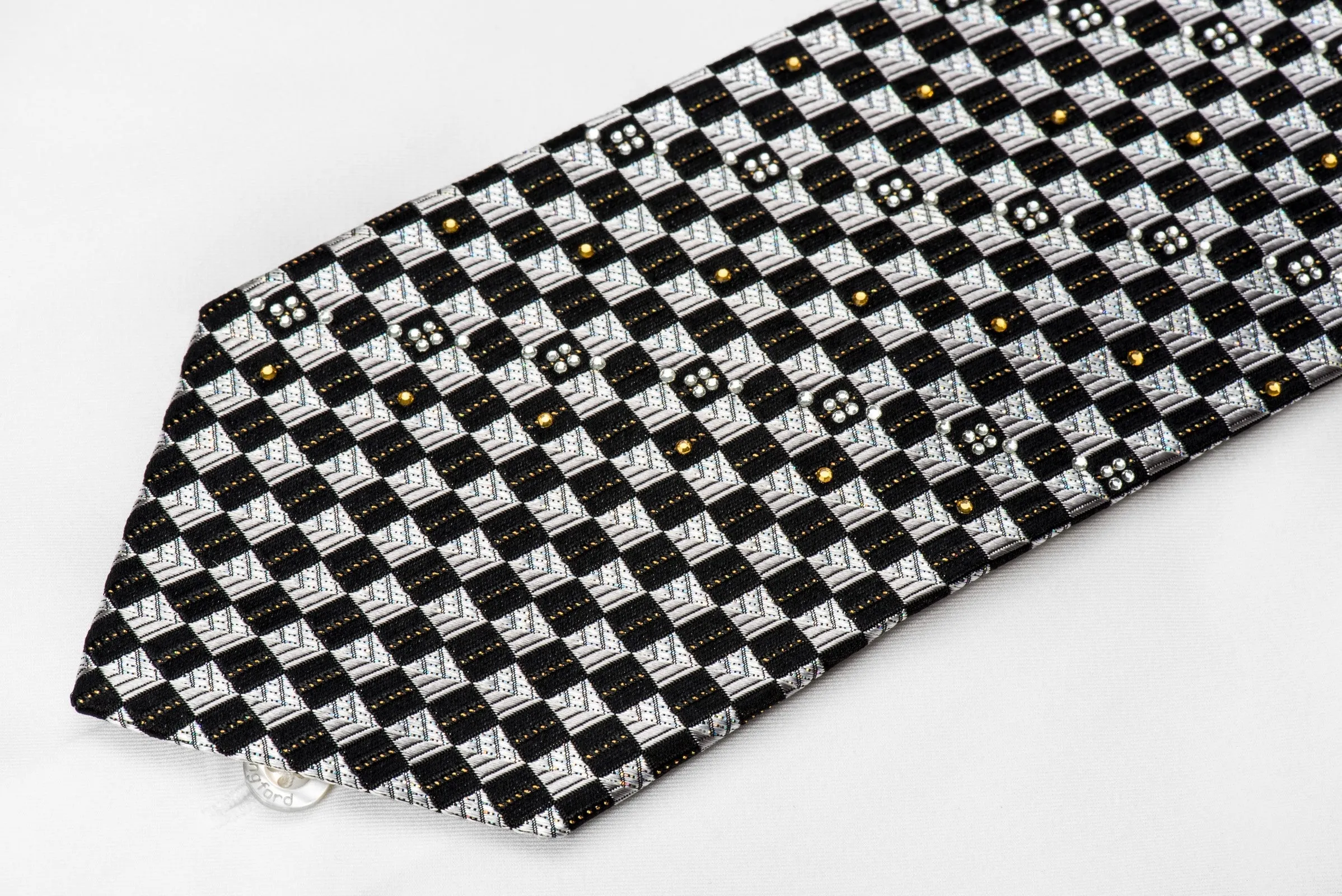 Nicole St Giles Men's Crystal Silk Tie Silver Black Checkered With Gold Sparkles