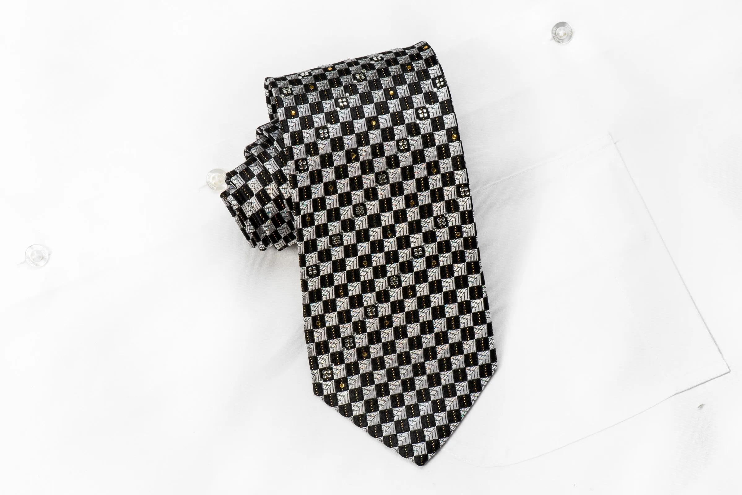 Nicole St Giles Men's Crystal Silk Tie Silver Black Checkered With Gold Sparkles