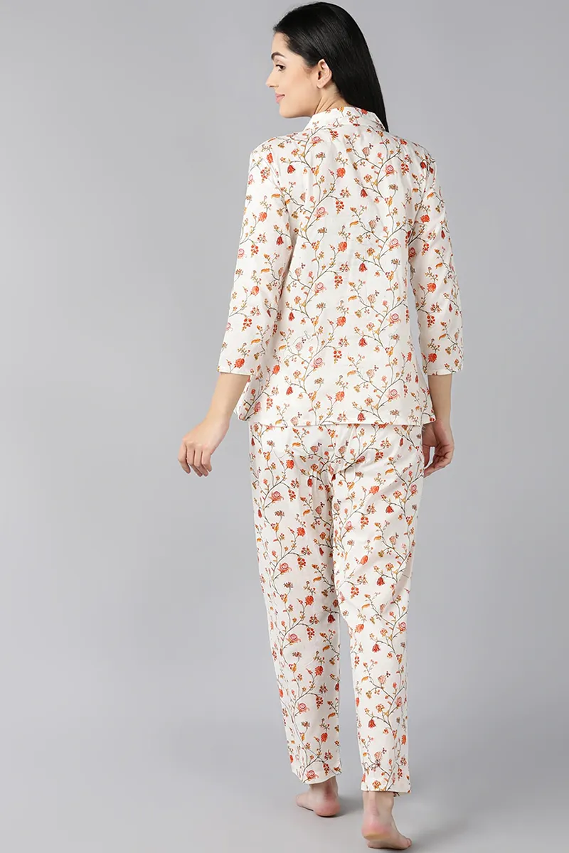 Off White Pure Cotton Floral Print Night Suit