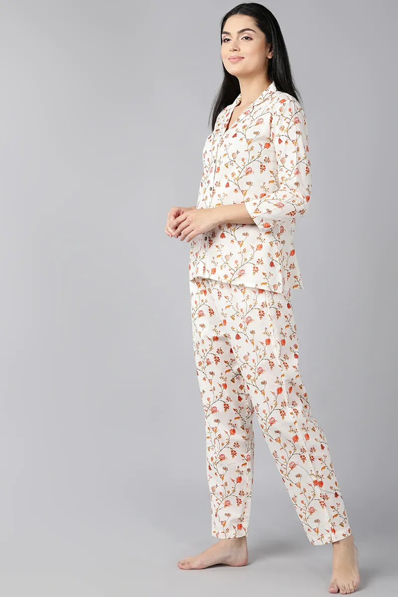 Off White Pure Cotton Floral Print Night Suit