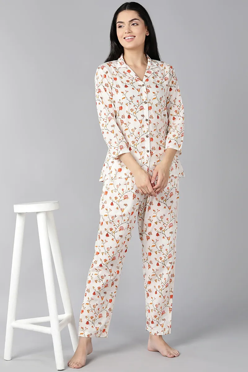 Off White Pure Cotton Floral Print Night Suit