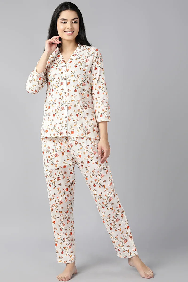 Off White Pure Cotton Floral Print Night Suit