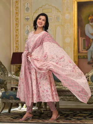 Pink Sequins_Work Anarkali Kurta Trouser And Dupatta Set