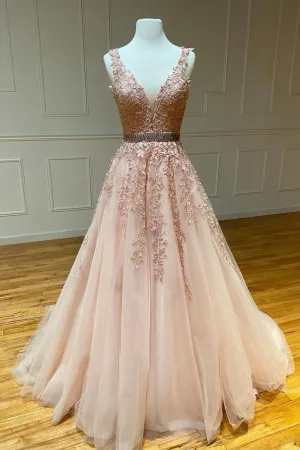 Pink V-Neck Lace Long Prom Dresses A-Line Tulle Graduation Dresses